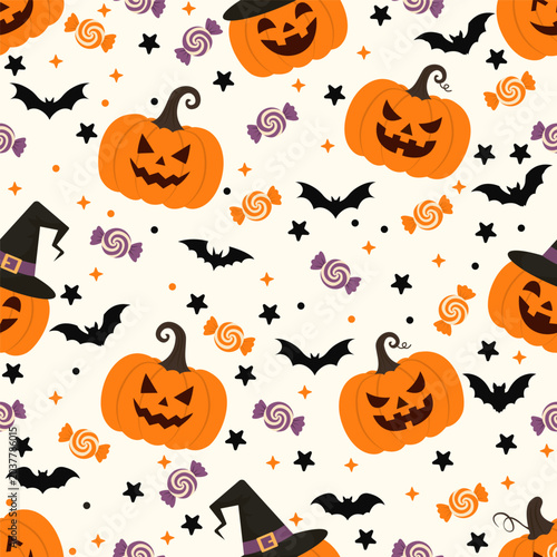 Halloween seamless pattern. Cute pumpkins,candies, bats. Cozy autumn color palette . Cute seasonal background for fabric, scrapbook and wrapping paper.