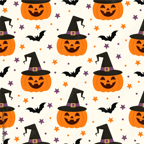 Halloween seamless pattern. Cute pumpkins,bats. Cozy autumn color palette . Cute seasonal background for fabric, scrapbook and wrapping paper.