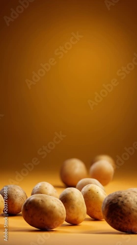 Potatoes floating in the air against a yellow background, unique visual of natural food in motion during the day