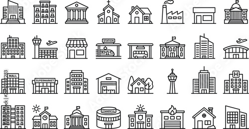 Quadro su tela Set of city building icons featuring public infrastructure, commercial establish