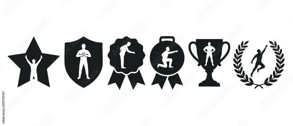 Fototapeta premium Success achievement award icons set featuring black silhouettes inside trophy star medal shield and laurel wreath representing leadership victory and goal completion. Isolated graphic design elements.