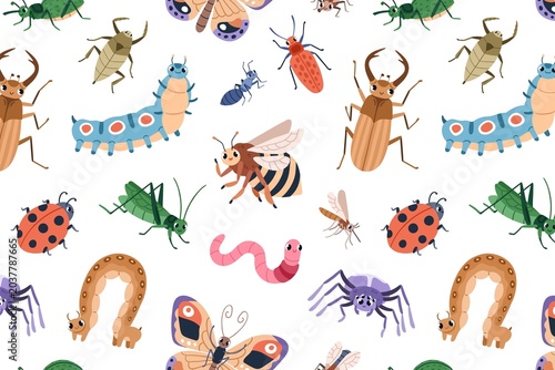 Colorful hand-drawn cartoon insects and bugs on white background vector illustration