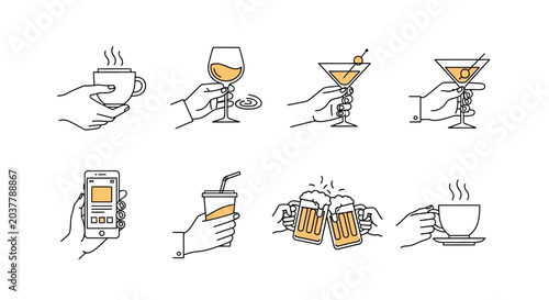 Bild auf Leinwand Collection of hands holding various drinks and beverages.
