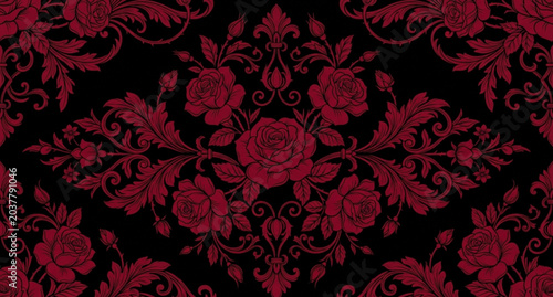 Photos Elegant gothic dark red floral pattern vector with roses on black background