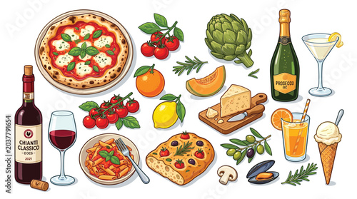Italian food and drink vector set, hand drawn mediterranean cuisine icons, pizza pasta and wine illustrations for restaurant menu design