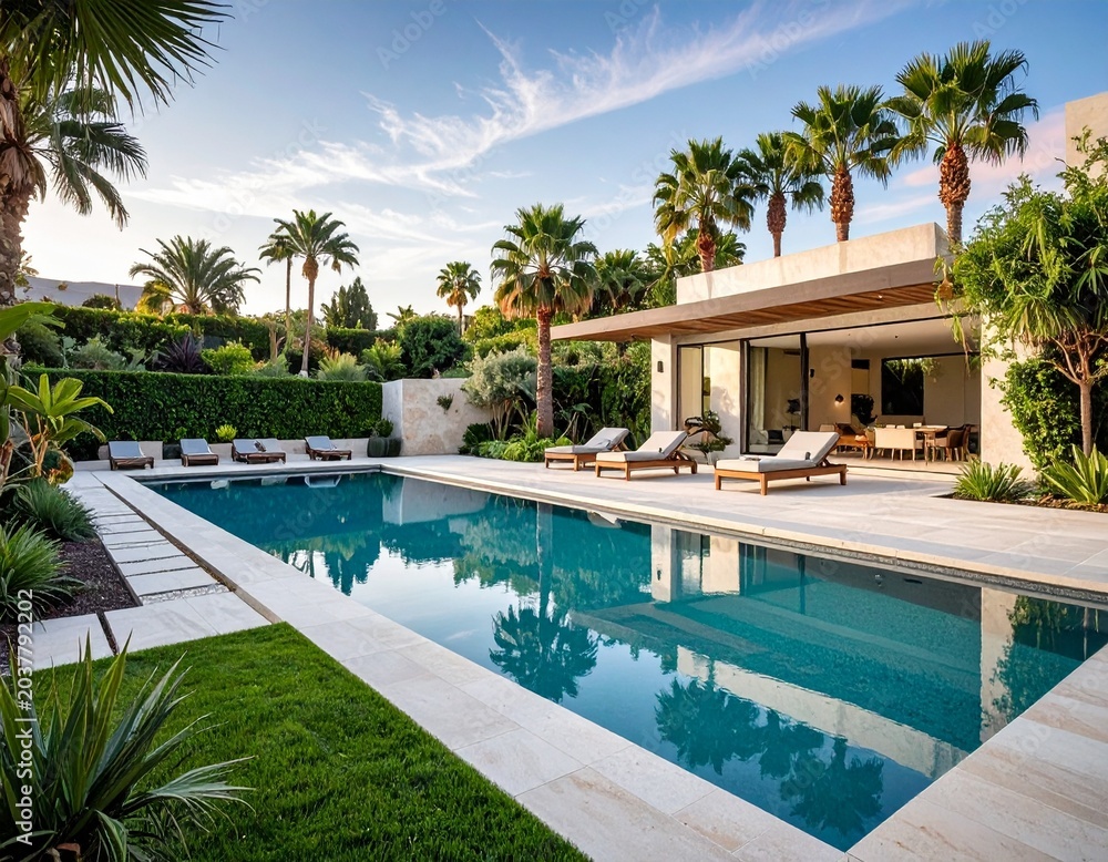 Fototapeta premium Moderne Gartengestaltung mit luxuriösem Infinity-Pool