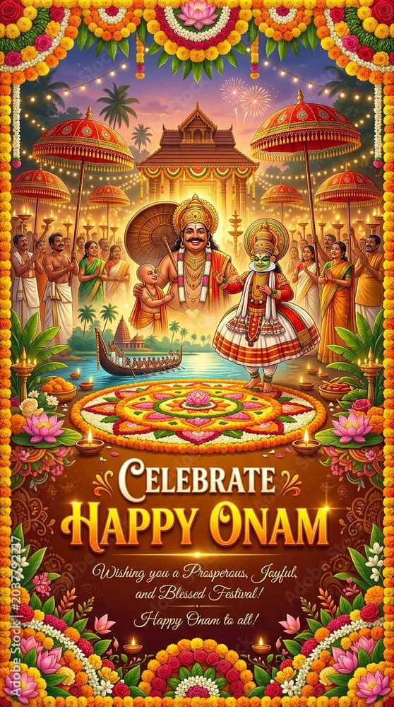 Fototapeta premium Happy Onam Greeting with Traditional Kerala with Mahabali and Floral Decoration