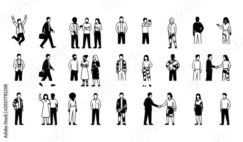 Bild auf Leinwand Crowd people icon set with full-body figures and clipping path masked legs vecto