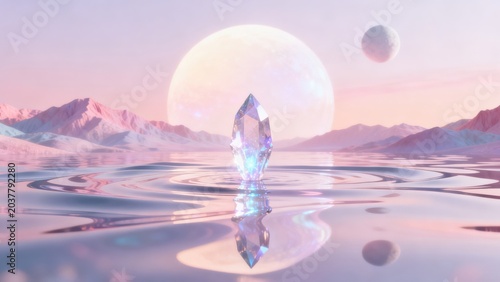 Crystal in water with moon and mountains