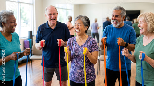 Smiling seniors exercising with colorful resistance bands in bright indoor setting for fitness
