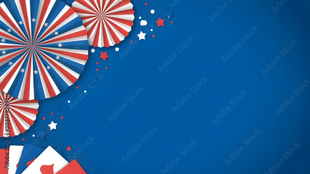 Obraz premium Patriotic decorative fans and stars on deep blue background with patriotic background decoration