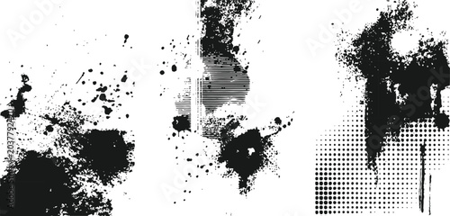 Fotografía Abstract black grunge vector set with ink blots paint splatters and halftone geometric patterns illustration