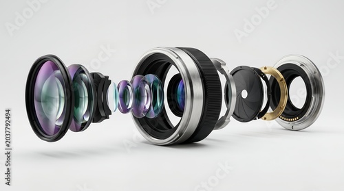 Detailed technical exploded view schematic diagram of a professional photographic camera lens assembly showcasing internal glass elements optical layers mechanical aperture rings mount structure