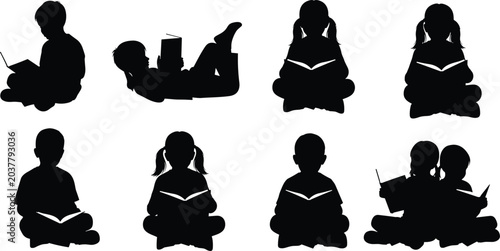 Bild auf Leinwand Children Reading Books Silhouette Collection Featuring Young Students Learning,