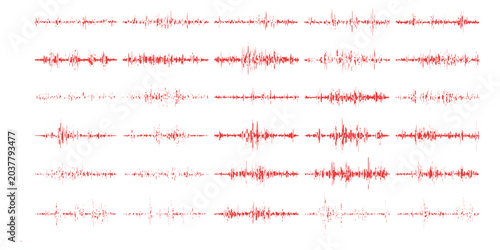 Photos Collection of red sound wave audio waveforms heartbeat monitor seismic earthquake lines vector illustration set