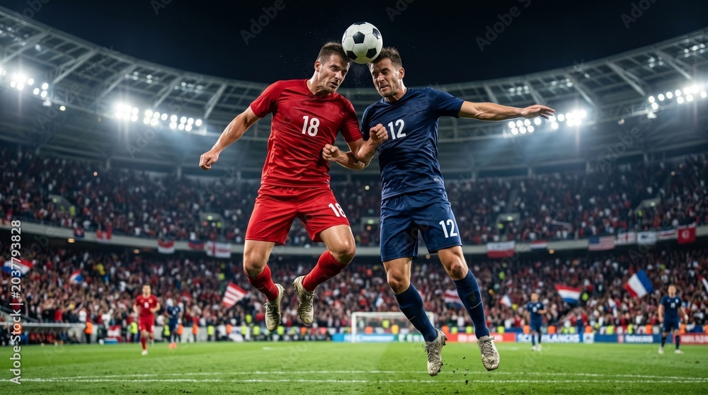 Naklejka premium Two anonymous football players jumping for the ball in a stadium