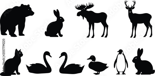 Billede på lærred Minimalist black animal silhouettes collection featuring bear, rabbit, moose, de
