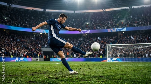 Professional football striker shooting a goal in a stadium with a large crowd