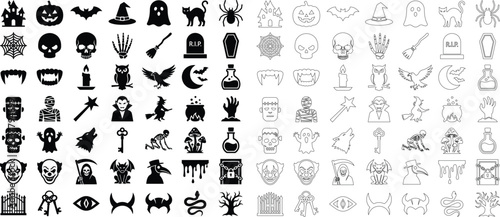 Halloween icons and symbols in black and white line art