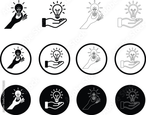 Innovation concept icons hand holding lightbulb designs in various styles for business and technology