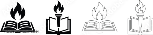 Set of four black and white icons depicting flames and open books