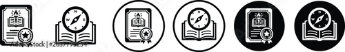 Black and white vector icons depicting open books with compasses and laurel wreaths representing knowledge and exploration