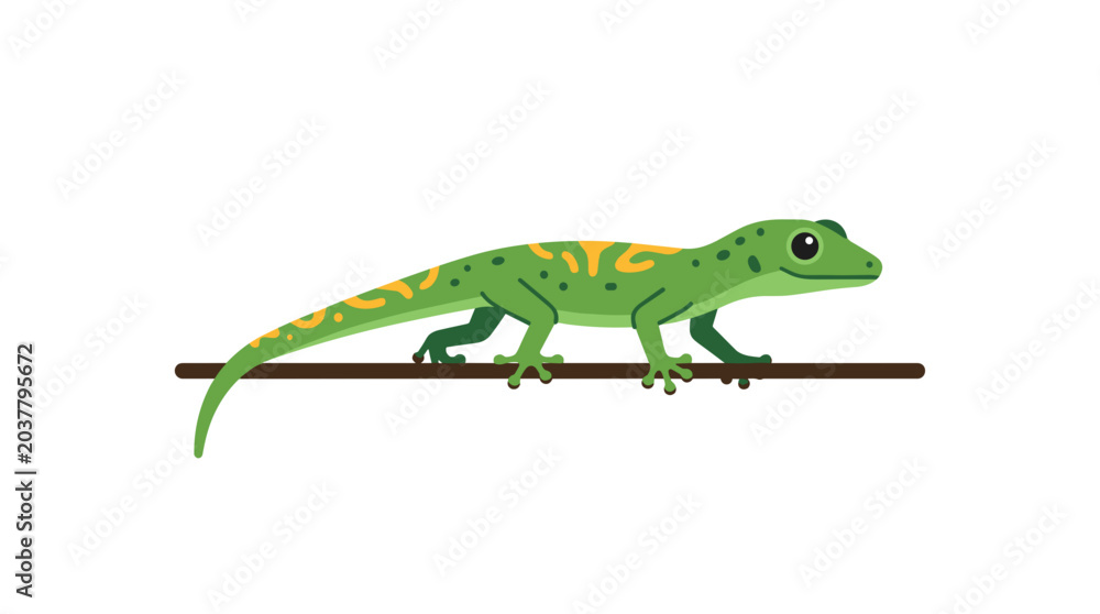 Fototapeta premium Green Gecko Lizard with Yellow Spots on Branch PNG Isolated on transparent background