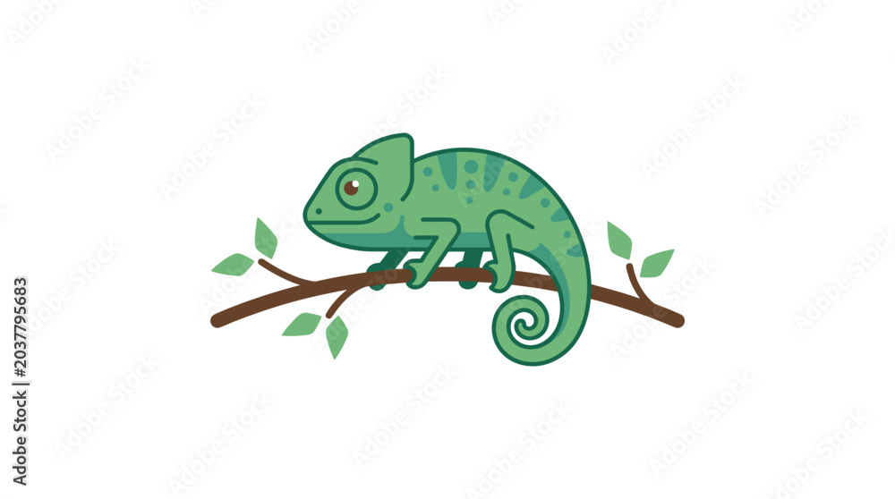 Fototapeta premium Green chameleon perched on a branch with leaves cartoon illustration PNG Isolated on transparent background