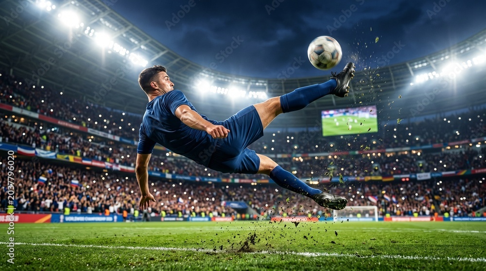 Fototapeta premium Football player performing an epic bicycle kick in a stadium