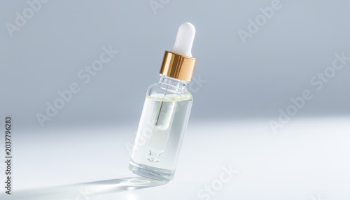 Angled glass dropper bottle with gold cap casting shadow on white surface