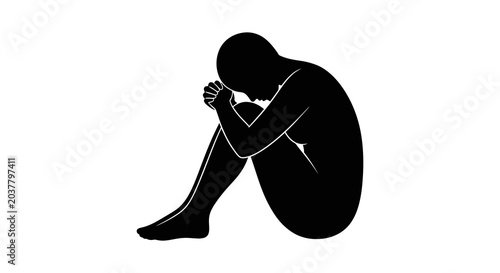 Photos Human silhouette in a seated despondent pose against a white background