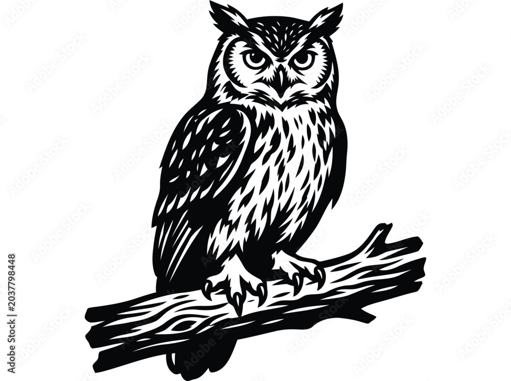 Fototapeta premium Black and white owl perched on tree branch illustration