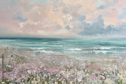 Serene coastal landscape painting featuring wild flowers on a tranquil beach with ocean waves under a pastel sky