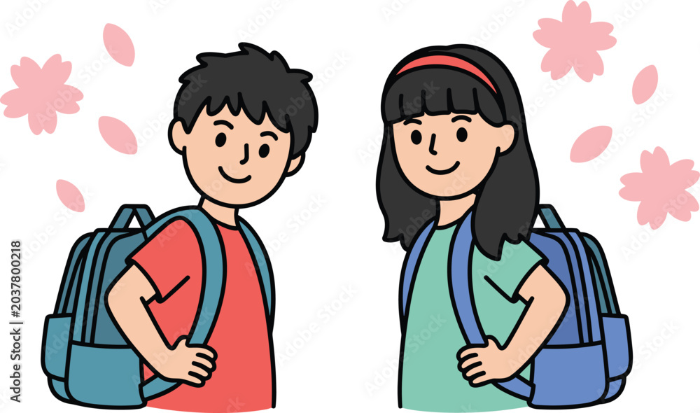 Obraz premium Cute school children with backpacks and cherry blossom petals vector illustration, spring back to school
