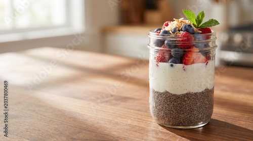 Overnight Oats in Glass Mason Jar on Butcher Block with Left Copy Space, Healthy Breakfast Meal Prep

