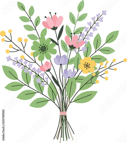 Floral bouquet illustration with pink and purple wildflowers isolated on transparent background