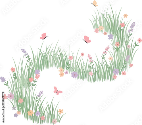 Wildflowers and butterflies in grassy meadow illustration vector isolated on transparent background