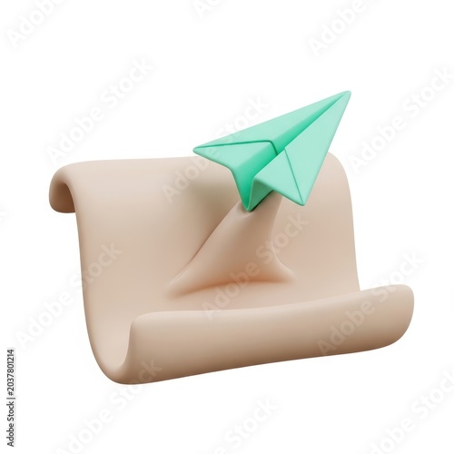 3d render of a mint green paper airplane flying out of a beige document or paper sheet, isolated on white background