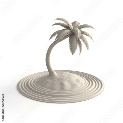 3d render of a palm tree on a zen garden sand island isolated on white background