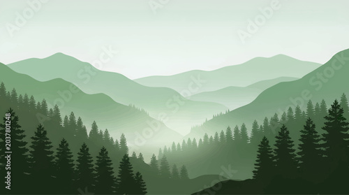 Layered mountain scene vector illustration in shades of green and gray