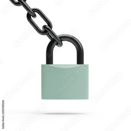 3d render of a padlock hanging from a metal chain isolated on white background