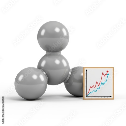 3d illustration of a molecular structure model next to a rising financial growth chart isolated on white background