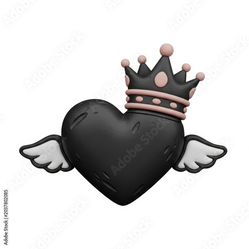 3d illustration of a black heart with wings and a crown isolated on white background