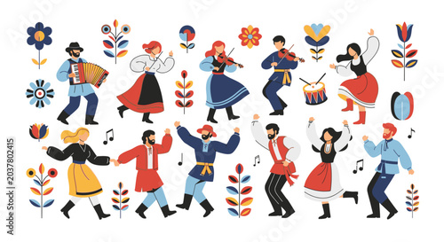 Traditional folk dancers in colorful costumes performing a lively dance with musical instruments and floral motifs