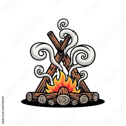 Cartoon campfire with burning logs and swirling smoke isolated on white background