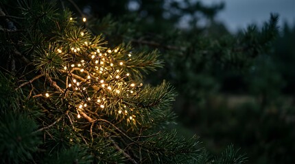 Glowing fairy lights decorating green pine branches during winter night