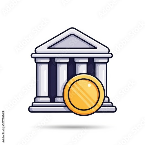 Bank building icon with a gold coin, financial institution symbol for banking and investment services