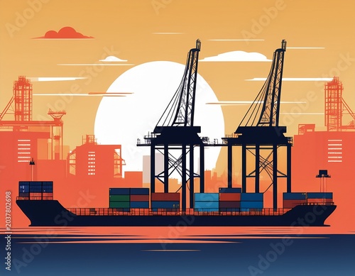cargo ship container port silhouette crane containers