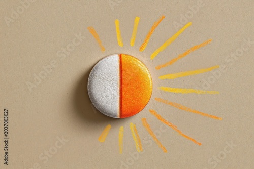 Vitamin D Supplement Pill with Hand-Drawn Sun Rays on Beige Background.