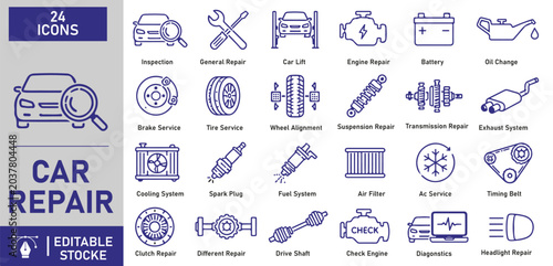 A set of 24 car repair line icons